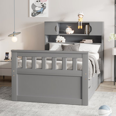 Twin Size Captain Platform Bed Frame with Storage Bookcases and Shelves,Four Drawers, Grey