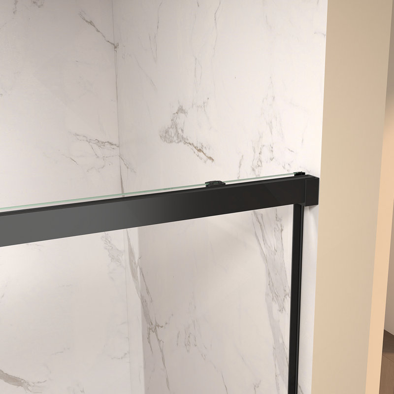 60" W × 72" H Single Sliding Shower Door,5Mm Fixed Glass And 6Mm Sliding Glass Frameless , Clear Tempered Glass, Stainless Steel Handle,Matte Black