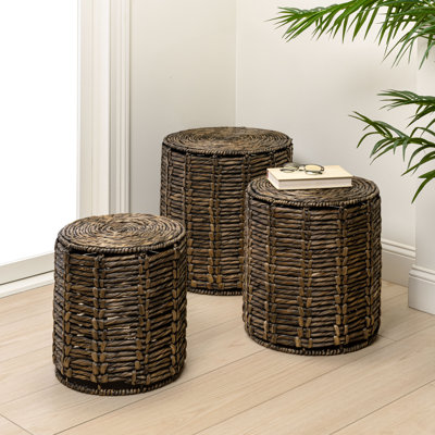 Zaria 18" Coastal Bohemian Handwoven Water Hyacinth Nesting Round Accent Table (Set of 3)