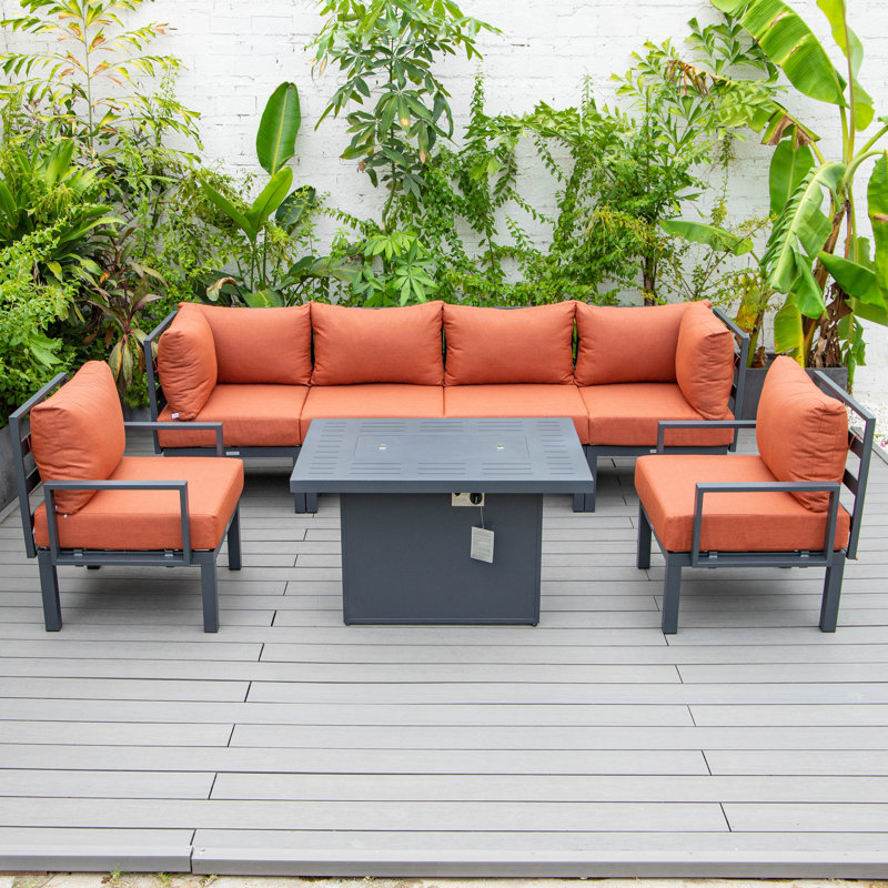Ensemble modulaire d'extérieur 7 pièces Chelsea - Ensemble de conversation modulaire avec coussins, structure en aluminium et table basse en verre trempé