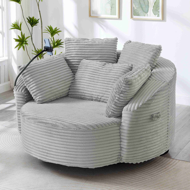 Fauteuil d'appoint rond en velours côtelé 360 ° avec 5 coussins décoratifs et support de téléphone réglable, Gris clair