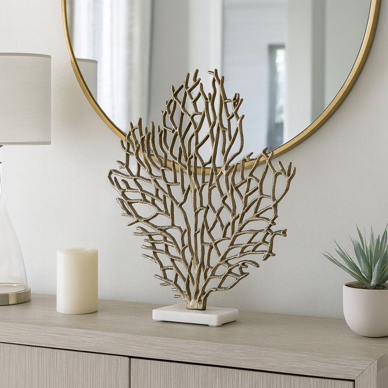 Metal Coastal Coral Sculpture with Marble Base - 21" Gold Decorative Accent for Home, Office, Bedroom, or Living Room, Gold
