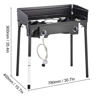 Réchaud de camping extérieur à double brûleur, cuisinière de camping modulaire de 60 000 BTU, cuisinière à gaz en acier au carbone robuste avec pare-brise et pieds amovibles et régulateur PSI, pour barbecue