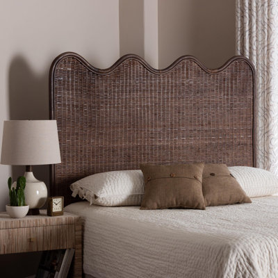 bali & pari Einya Natural Rattan Standalone Headboard - Handwoven Wicker Panel Headboard with Wavy Scalloped Top, Queen