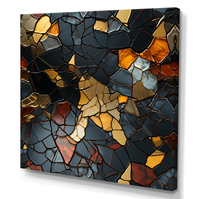 Carreaux de mosaïque dorés et noirs II - art mural abstrait, H 16 po x l 16 po x P 1 po, Toile tendue