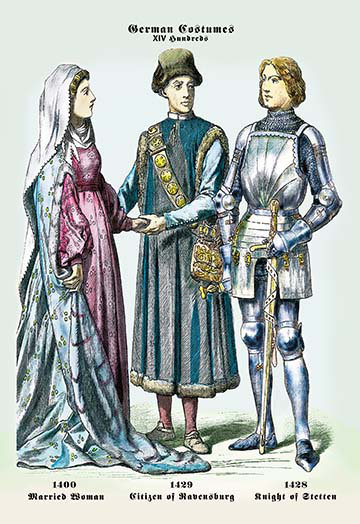 Costumes allemand : femme mariée, citoyen, cavalier, reproduction d’art, 20" H x 30" W