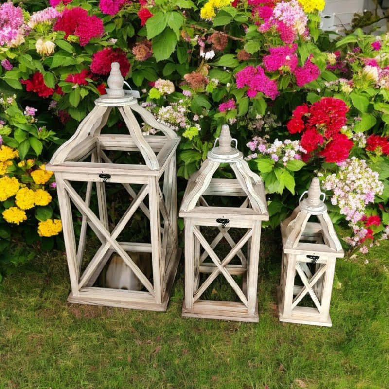 3 Piece Wood Floor Lantern Set