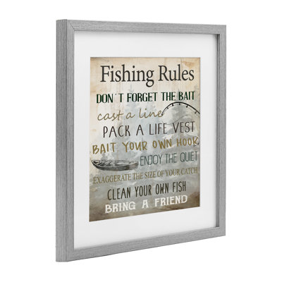 «Fishing Rules Rustic List», reproduction sous verre encadrée, conception de Kim Allen