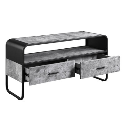 Meuble télé contemporain à finition noire avec tablette et tiroir en faux béton gris, 14 po de profondeur, 22 po de hauteur, pour espace de vie principal avec 2 tiroirs en bois et métal, inclus, pièce
