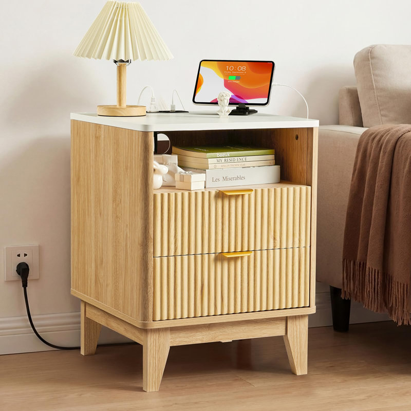 Fluted Nightstand with Charging Station – 18" Modern Side Table with Faux Marble Top, Night Stand with 2 Drawers & Storage, Curved Profile Natural Oak End Table for Bedroom, Living Room