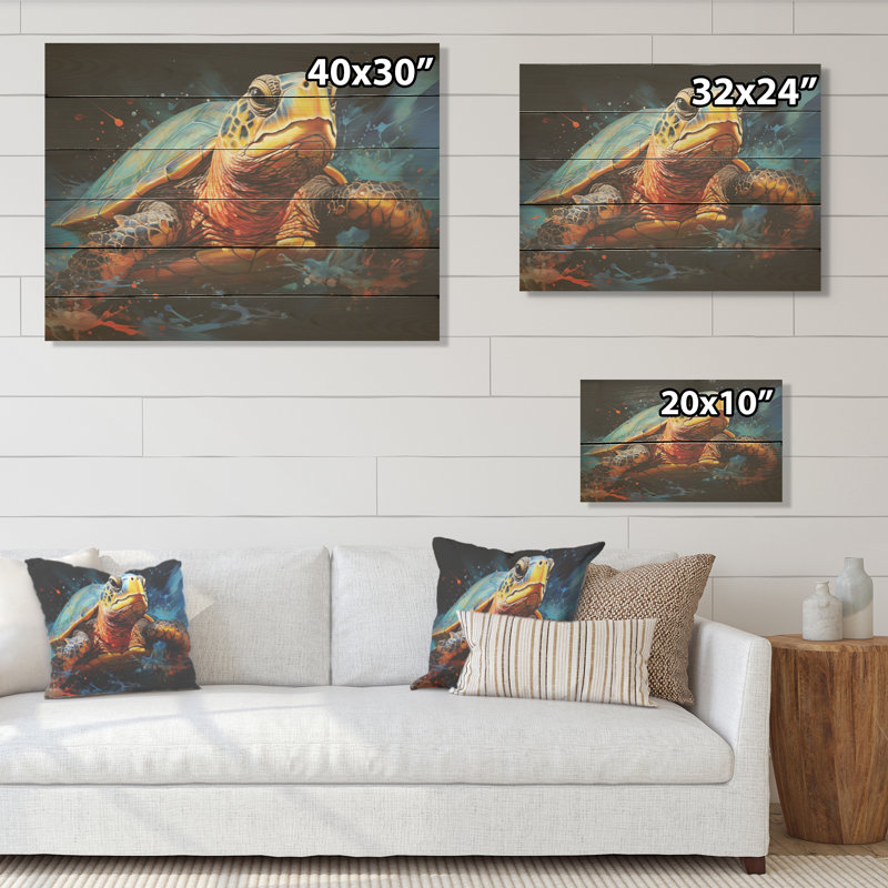 Abstract Representation Of A Turtles Aquatic Journey - Turtle Wood Panel Wall Art On Natural Pine Wood, 10" H x 20" W