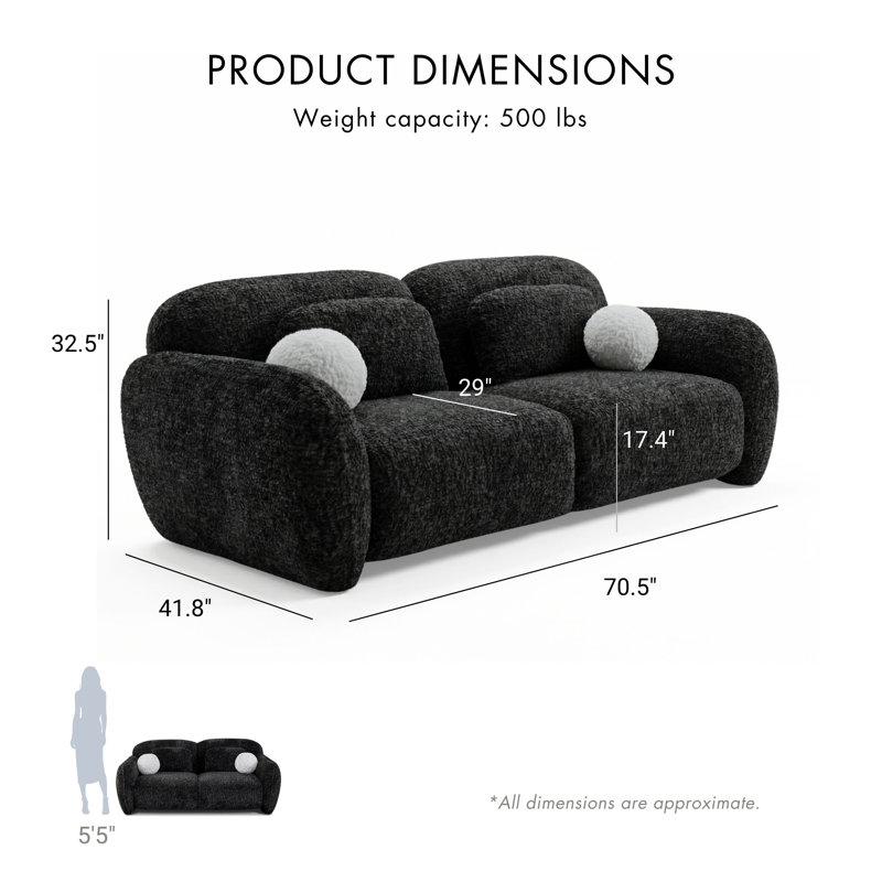 Causeuse en chenille 71 "avec coussins décoratifs Alysa, Noir