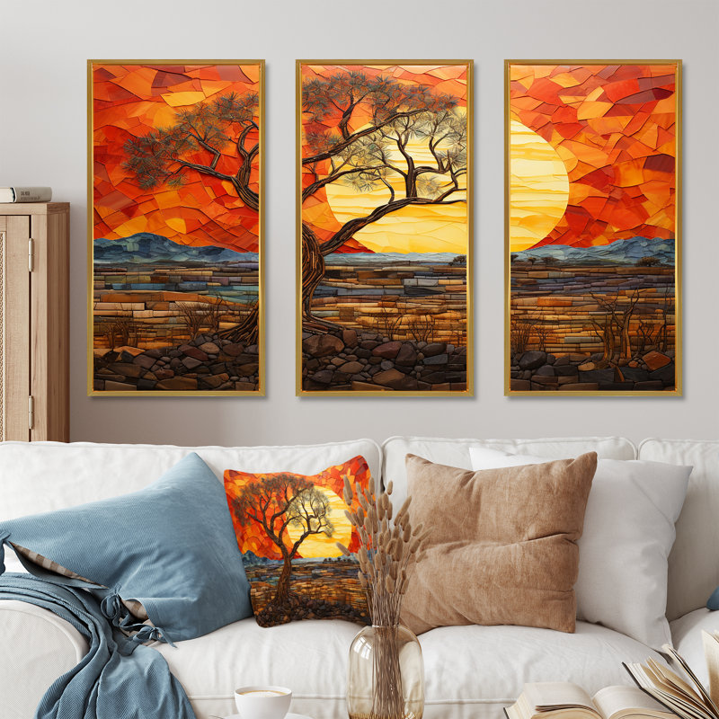 Savannah, coucher de soleil en safari africain dans les teintes 4 - décoration murale mosaïque bohème, Cadre flottant doré