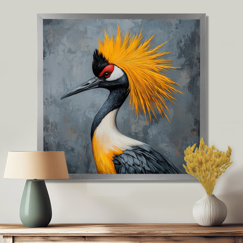 Grue grise et jaune - oiseau, art mural, H 16 po x l 16 po, Reproduction encadrée d'une seule photo, Argent argent