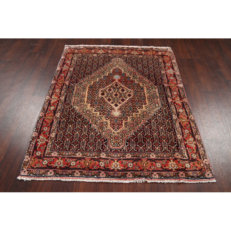 Tapis unique en laine noué à la main rouge / beige nouvel âge 3 pi 11 po x 4 pi 11 po Hamond
