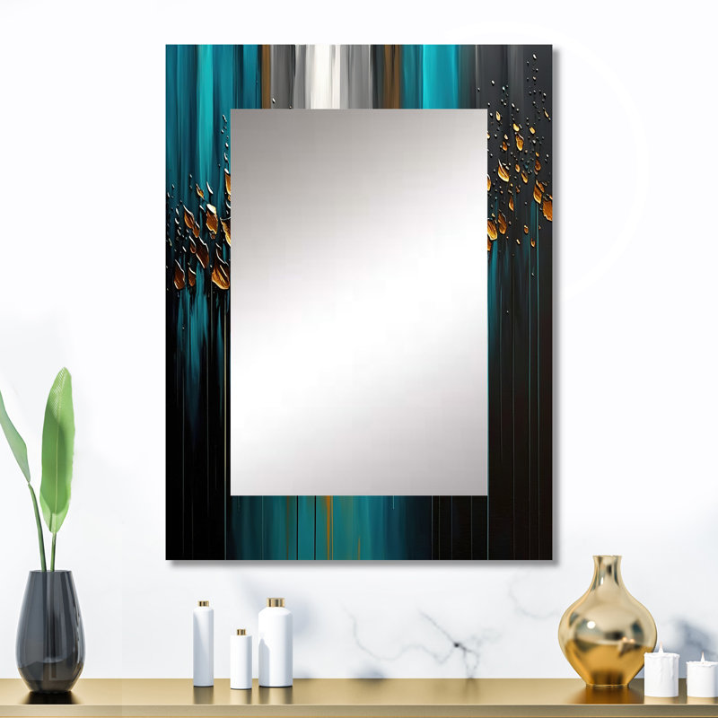 Abstract Geometric Green And Gold - Large Wall Mirror On Metal, 32 po x 24 po