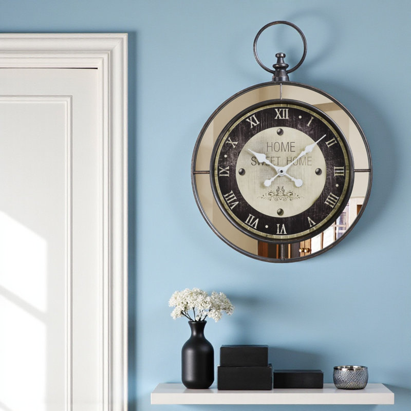 Marit Round Wall Clock in Brown, Mirror, Transitional Style
