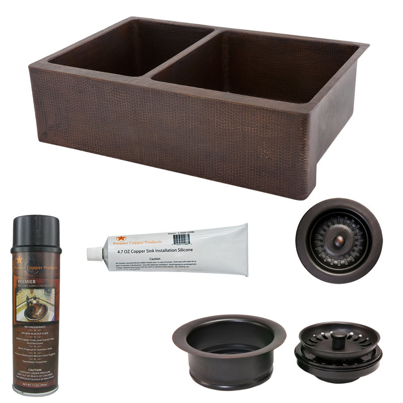 33" Hammered Copper Kitchen Apron 25/75 Double Basin Sink with Matching Drains, and Accessories, Oil Rubbed Bronze