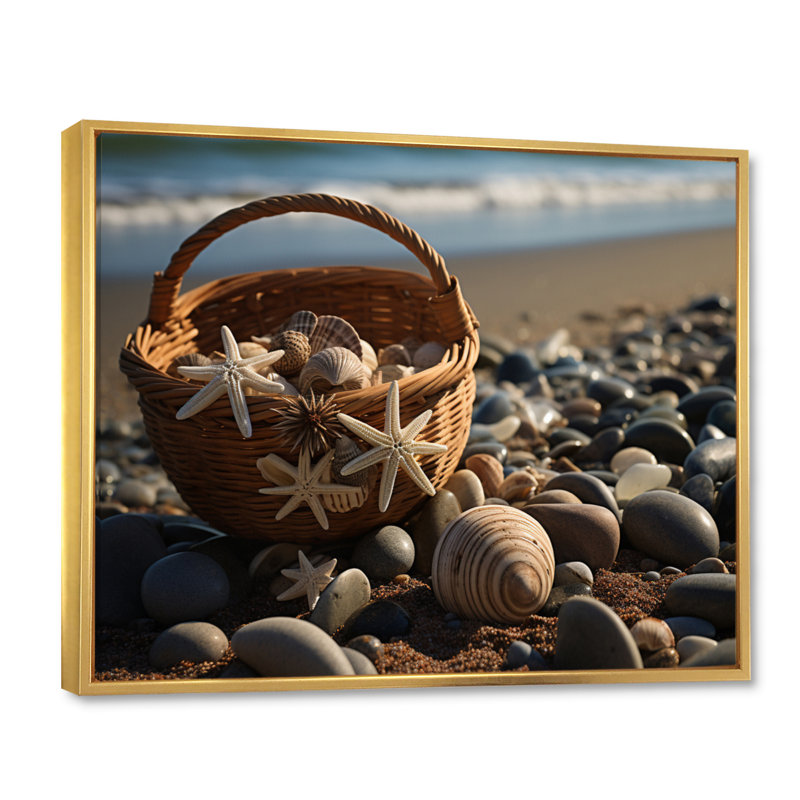 Plage, collage sur toile, Cadre flottant doré, H 16 po x l 32 po x P 1 po