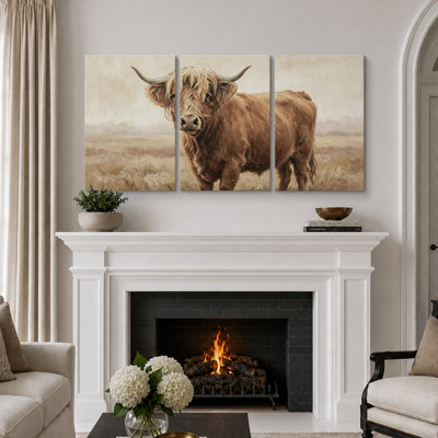 Cow " Highland Cow Rustic Farmhouse Animal Artwork, Living Room Pictures, Framed Canvas Giclee Print 3 Pieces Wall Art - 16"x24"x3pcs, 24"x36"x3pcs " Print