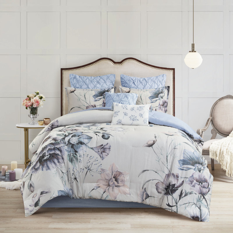 Édredon très grand - 8 pièces en coton bleu avec coussins décoratifs, impression de style floral chic, Bleu