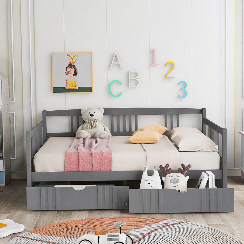 Daybed Wood Bed with Two Drawers, Gray, Full/Double
