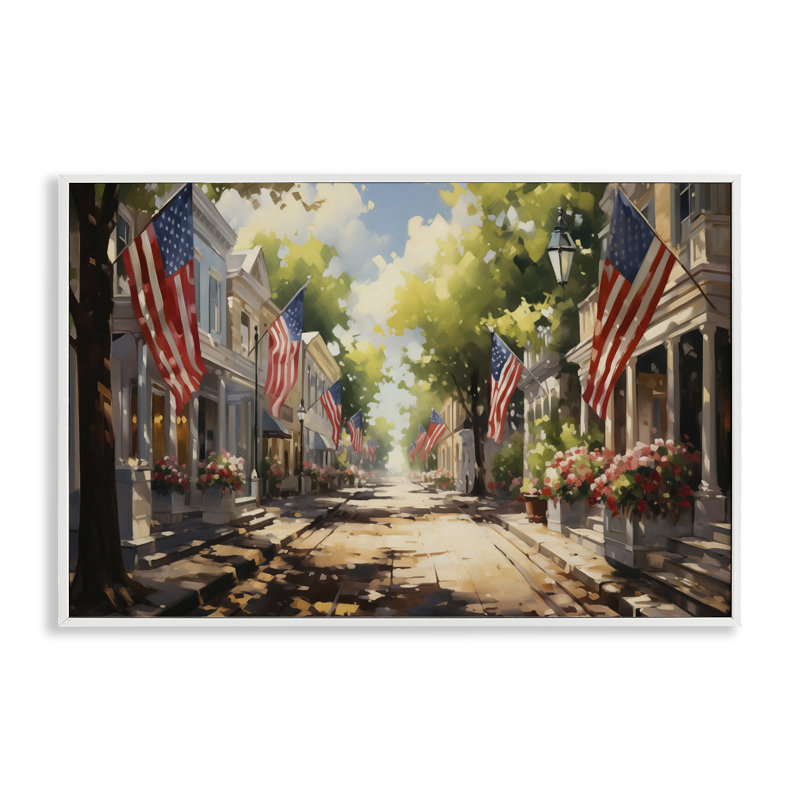  Art de la giclée sur rue avec drapeau américain par Arlington Prints, H 12 po x l 18 po, Giclée encadrée blanc bord de mer