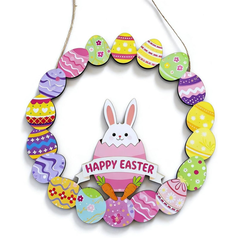 Couronne de Pâques pour porte, décorations de Pâques pour la maison, œufs de lapin, signe de printemps suspendu en bois pour mur de fenêtre de porche