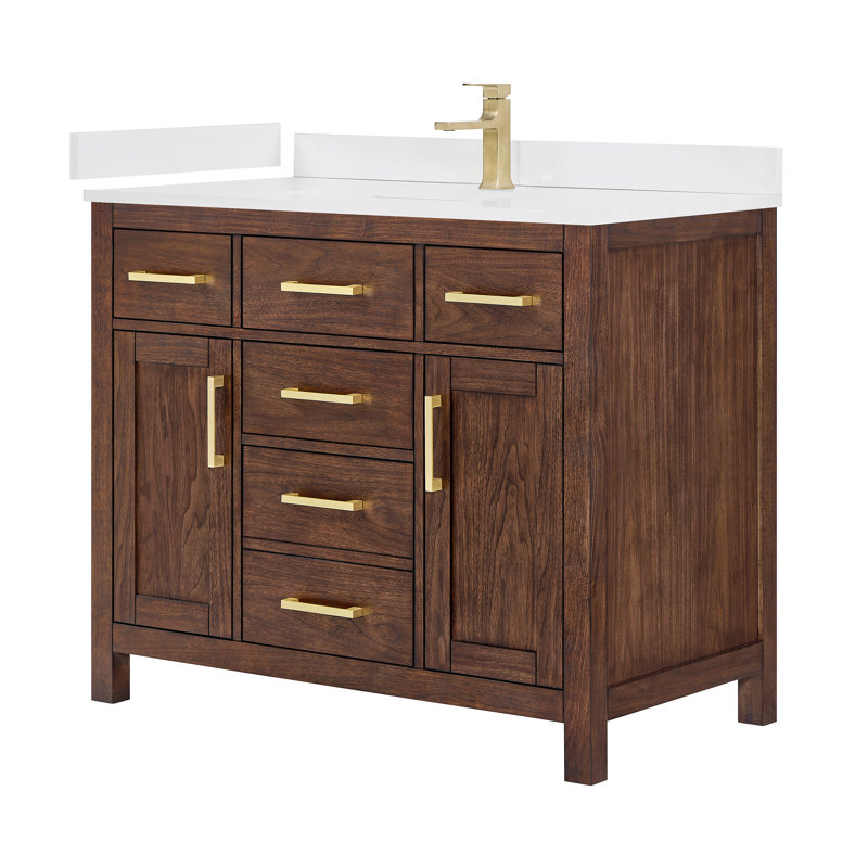 Beckett 42" Freestanding Single Bathroom Vanity with Quartz Top, Brushed Gold, Giotto Quartz, Whitewashed Oak
