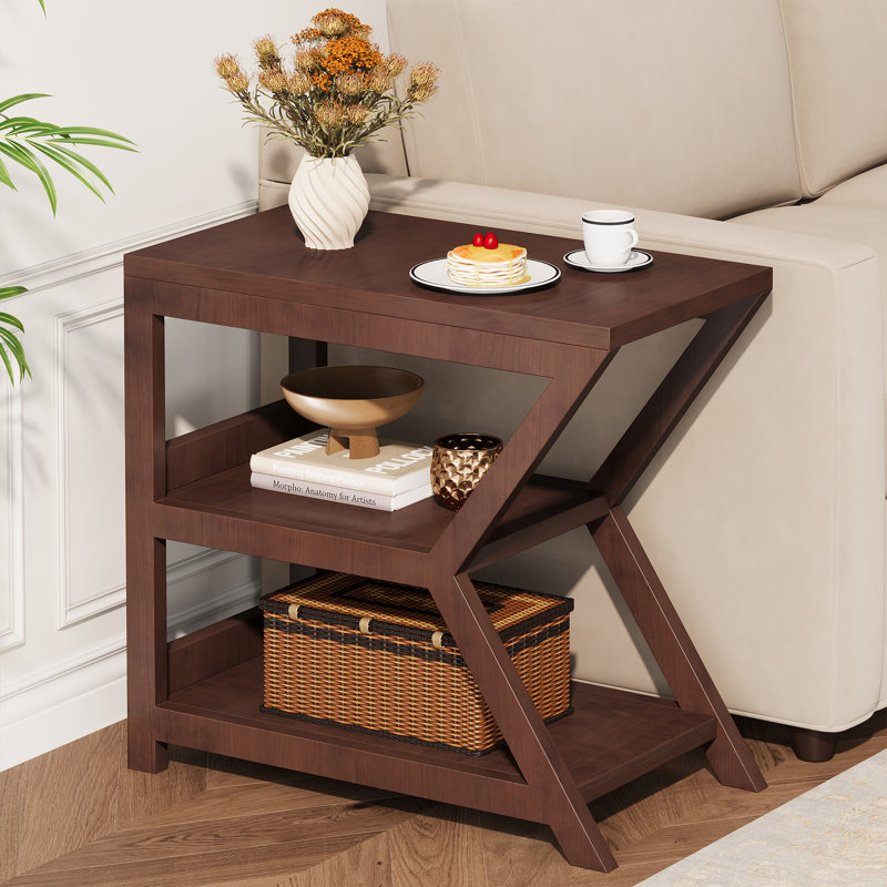 Table de bout à 3 niveaux en bois massif avec rangement ouvert