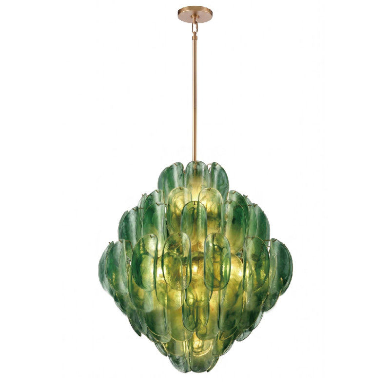 Suspension Château de 89 cm (35 pouces) en laiton satiné et verre vert