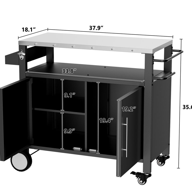 Outdoor Bbq Cart With Spice Rack And Push Handle - Convenient For Grilling, Black Rolling Grill Stainless Steel Tabletop Easy To Move Use,