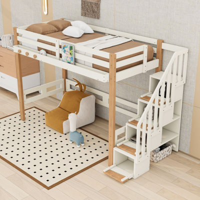 Lit mezzanine avec tablettes de rangement, crochet à vêtements et espace sous le lit