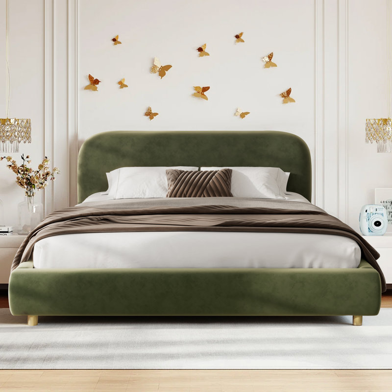 King Curved Headboard Velvet Upholstered Bed Frame, Platform Bed with Metal Frame and Wood Slat Support, No Box Spring Required