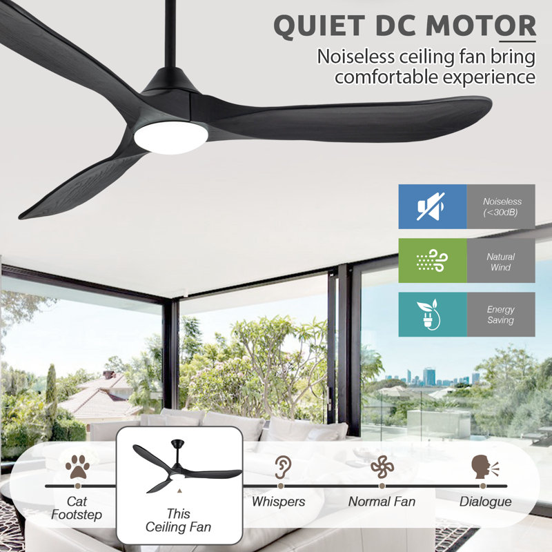 3 Blade Smart Solid Wood Ceiling Fan With Dimmable LED Light & Remote, Reversible DC Motor, 52" Wide, Black
