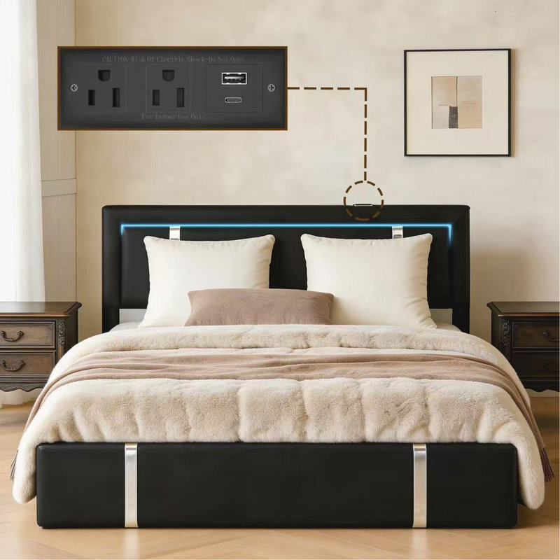 Structure de grand lit avec tête de lit à DEL réglable, ports de charge USB-C, support hydraulique, lit plateforme tapissier en similicuir, support à lattes en métal, noir