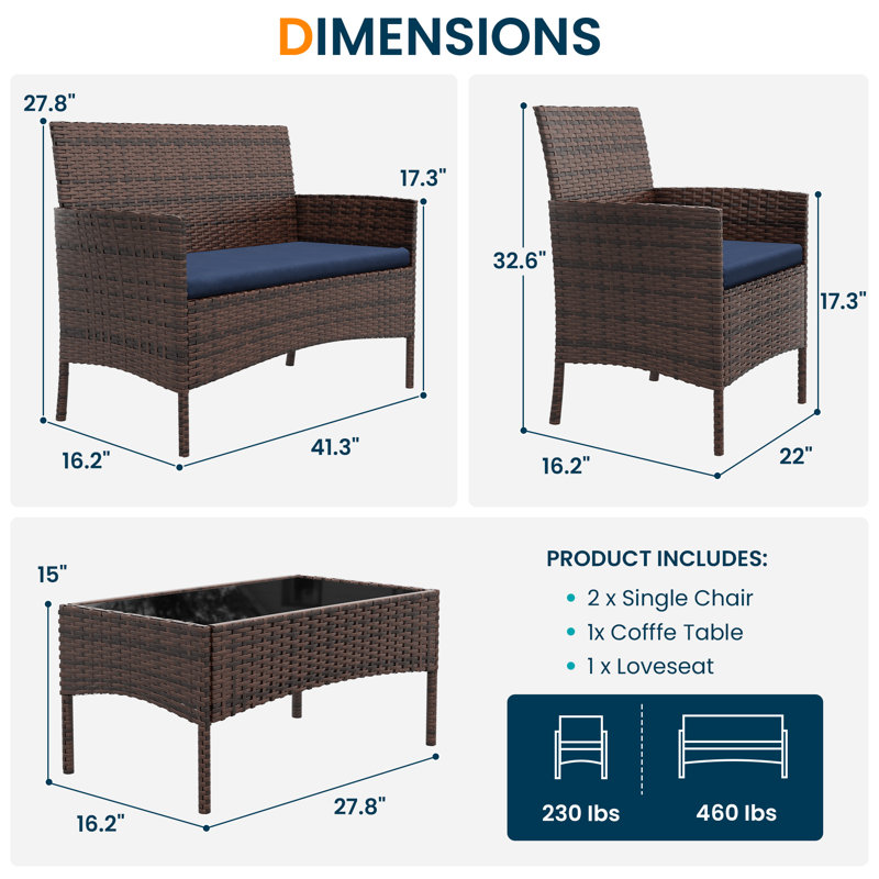 Ensemble de conversation d'extérieur en osier pour 4 personnes avec coussins et table basse, Bleu marine