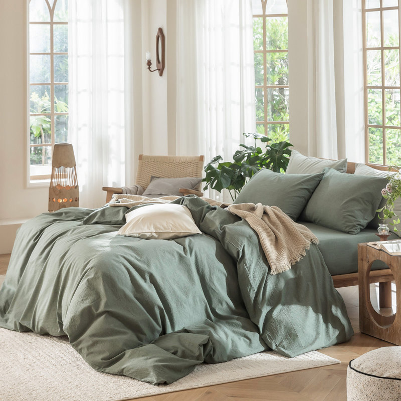 Ensemble de housse de couette 100% coton délavé MooMee, Vert bruyère, Housse de couette surdimensionnée pour très gran