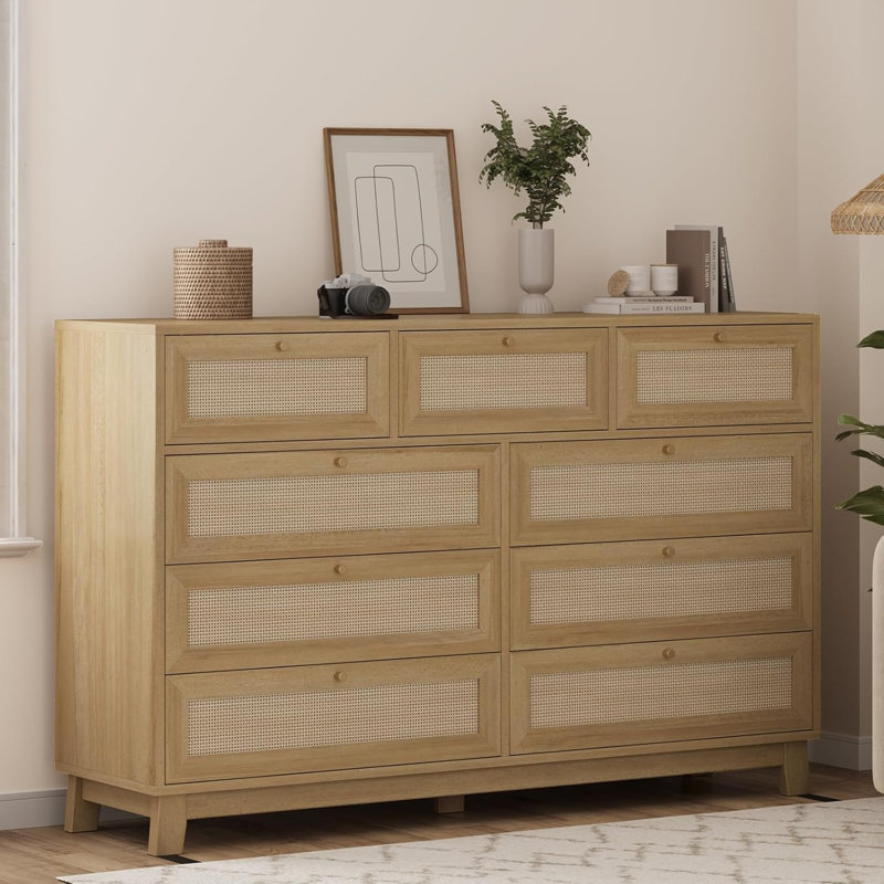 Rattan 9 Drawers Dresser , Natural