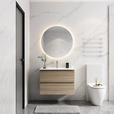 Meuble-lavabo moderne 30 po, lavabo en céramique, 2 tiroirs à fermeture en douceur - meuble-lavabo mural en chêne avec lavabo et style