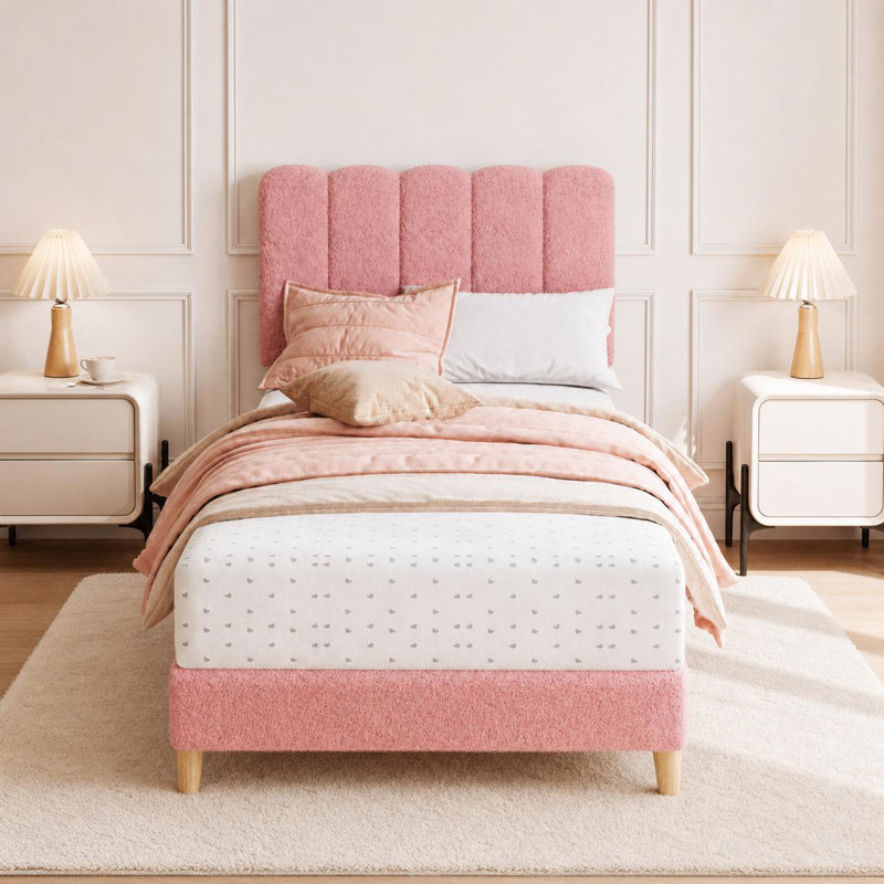 Lit plateforme tapissier Boucle, Simple TG, Rose