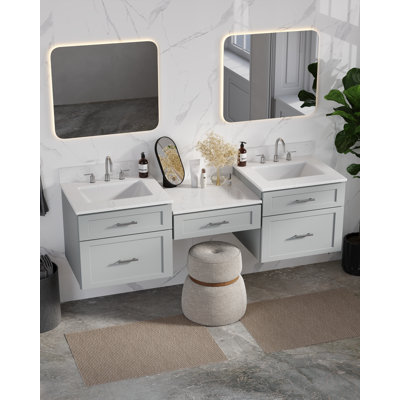 Meuble-lavabo double mural 72 po avec comptoir en quartz Carrara