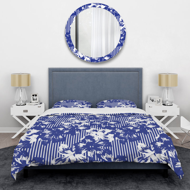 Rayures bleues et blanches à motif floral - Ensemble de housse de couette abstrait - Microfibre de polyester