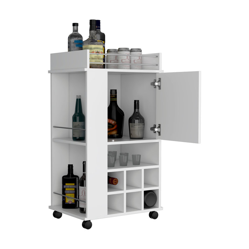 Modern Bar Cart with Cabinet, 6 Built-in Wine Rack and Casters, White