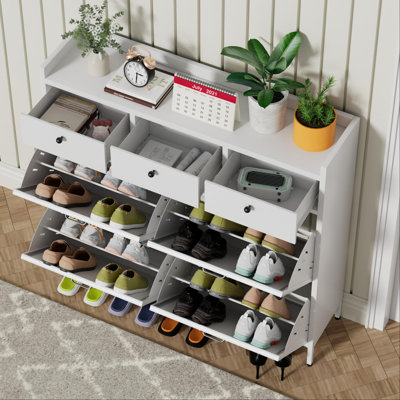 Metal Shoe Cabinet White - 4 Flip Drawers + 3 Drawers, Slim 11.8"D Freestanding Steel Shoe Organizer, Anti-Tip Hidden Entryway Shoe Rack
