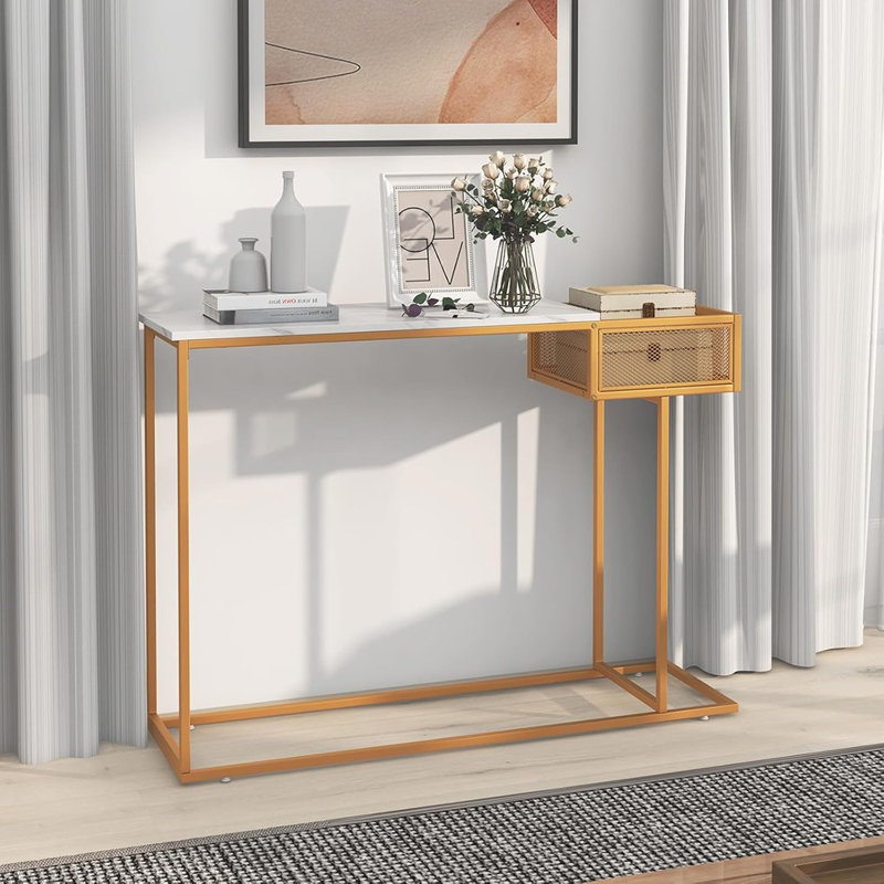 Console étroite avec panier de rangement - doré et blanc
