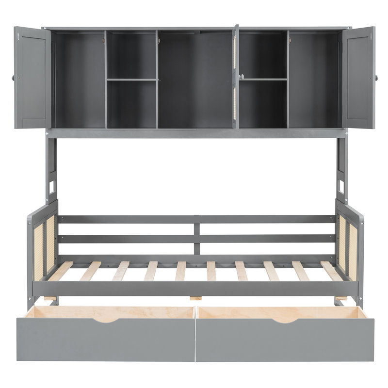 Lit de jour simple avec 2 tiroirs, armoire et tablette intégrées, espace de rangement gris