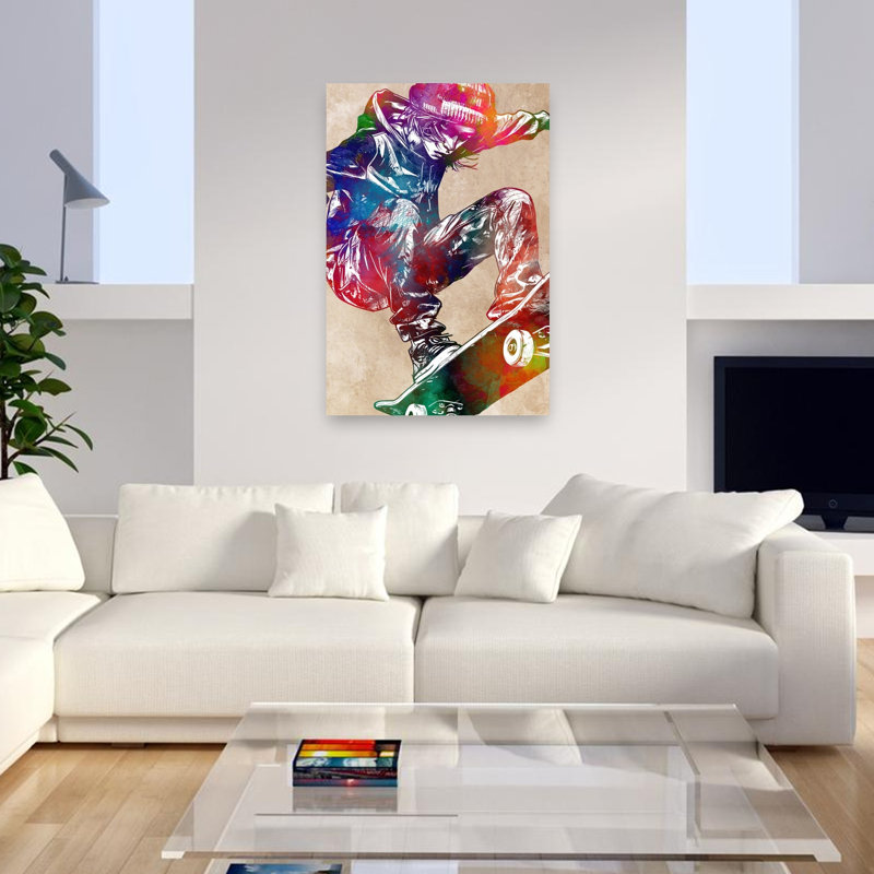 «Vibrant Skateboard Action», art mural contemporain, H 48 po x l 32 po
