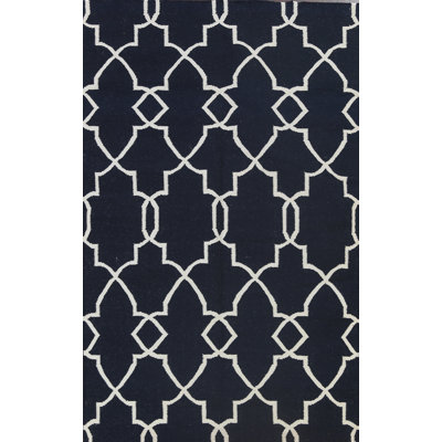 Tapis bleu marine / ivoire en laine tissé à plat à la main à motif géométrique