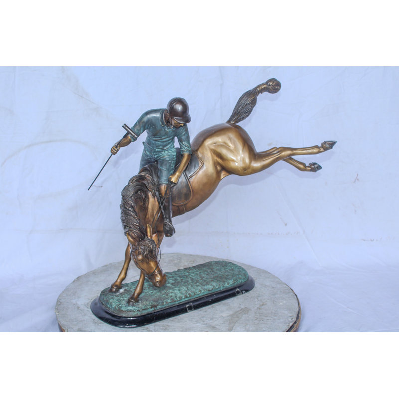 Nifao Collection Dynamic Polo Player and Horse in Game Action Bronze Statue  21" x 11" x 22"H